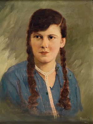 Pauli, Künstler der Mitte des 20.Jh., Bildnis einer jungen Frau mit Perlenkette und Zöpfen, Öl/Lwd, Rahmen, 55x43 cm