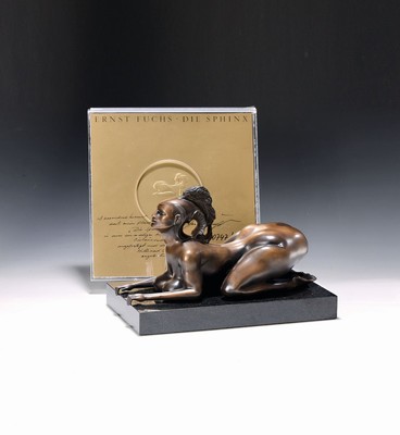 Ernst Fuchs, 1930-2015, Bronzeskulptur, Sphinx, sign., num. 747/1000, mit Venturi- Arte Stempel, auf Marmorsockel, mit Original-Zertifikat in ...