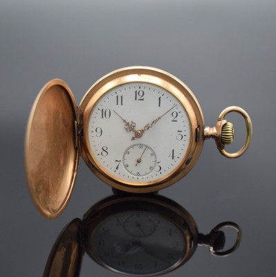 Herrensavonette in RG 585/000, Schweiz um 1900, 2-Deckel Goldgeh. dell., beids. guill., Metallcuvette, Sprungdeckel m. Monogrammspiegel, ...