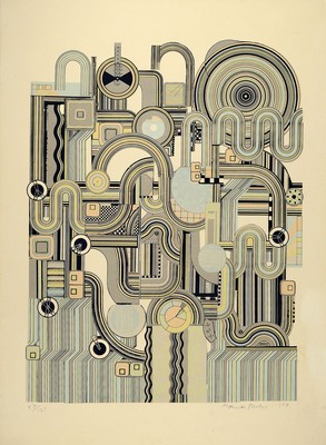 Eduardo Paolozzi, 1924-2005, Farblithographie von 1974, handsigniert und dat., num. 57/125, Blattgr. ca. 90x65cm, Ecken besch., gebräunt, seitlich ...