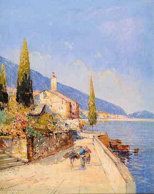 H. Wagner, Pseudonym des Georg Fischhof, 1859-1914 Wien, südliche Küstenlandschaft, im Vordergrund Bauernpaar mit Esel, Öl/Lwd, links unten ...