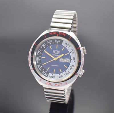 HEUER seltene Herrenarmbanduhr mit Tidenanzeige Modell Solunar Referenz 279.603, Schweiz um 1977, Automatik, Edelstahlgeh. inkl. Flexband, Boden ...