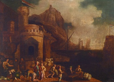Unbekannter Künstler, Niederlande, um 1760-1780, Marktgeschehen in einer niederländischen Hafenstadt, Öl/Lwd, rest., doubliert, ca. 40x58cm, R. ...