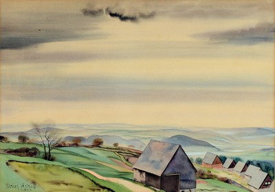 Heribert Fischer-Geising, 1896 Teplitz-Schönau- 1984 Freiburg im Breisgau, Landschaft mit einer Ortschaft im Vordergrund, Aquarell auf Papier, links ...