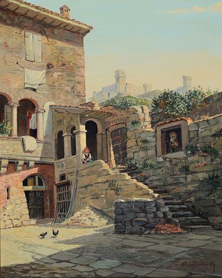 Hans Raufenbarth, Kronberger Maler der 1. Hälfte des 20. Jh., Ansicht aus Spanien, Öl/Malkarton, rechts unten signiert, ca. 50x40cm, R. ca. 61x52cm