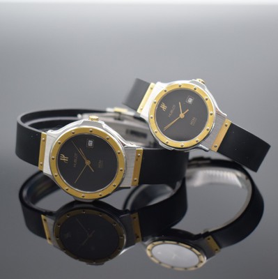 Set 2 HUBLOT Classic MDM Armbanduhren in Stahl/Gold kombiniert Referenz 1391 100 2 & 1401 100 2, Schweiz um 1989, quarz, Böden 6 -fach verschr., ...