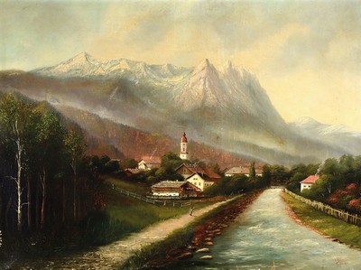 Franz Otto Wieduwilt, 1841 Eching - 1930 München, Maler der Münchner Schule, Dorf mit Kirchturm vor Alpenpanorama, Figurenstaffage, rechts unten ...
