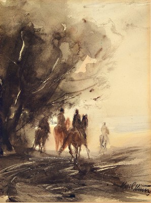 Karl Friedrich Kunz, 1904-1969, Reitergruppe am Waldrand, Aquarell auf Papier,rechts unten signiert, ca. 21x16cm, PP, u.Gl., R. ca. 37x30cm