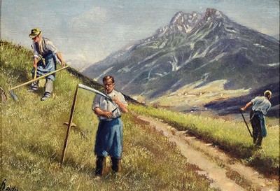 Alois Reichl, geb. 1864, Heuernte in den Alpen, Öl/Malkarton, links unten signiert, ca, 15x22cm, R. ca. 26x33cm