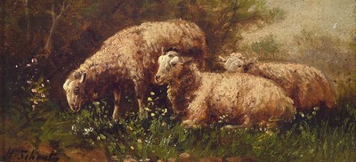 Henry Schouten, Belgien 1857-1927, Schafe auf der Weide, Öl/Holz, links unten signiert, ca. 12x24cm, R. ca. 22x34cm