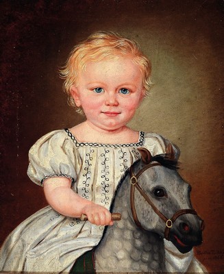 Bertha Zilcher, datiert 1866, Porträt eines Kindes auf dem Schaukelpferd, Öl/Lwd, rest., doubl., rechts unten signiert und dat., ca. 40x33cm, R. ...
