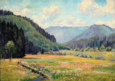 Heinrich Hoffritz, 1884-1963 Köln, Landschaft mit Bergen, Wiese und Bachlauf, Öl/Malkarton, links unten signiert, dat. 1928, ca. 71x99cm, R. ca. ...