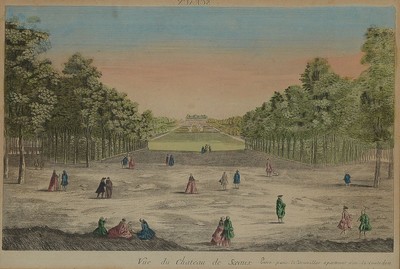 Zwei Kupferstiche/Guckkastenbilder, um 1780, a. Vue du Chateau de Sceaux, PP: ca. 26.5 x 40 cm, unter Glas, Rahmen: 44 x 56 cm, b. Un Lac et Village ...
