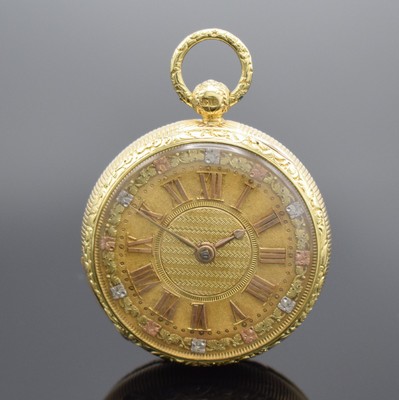 LONDON A 1822 offene Herrentaschenuhr mit Schlüsselaufzug in GG 750/000, Boden m. Blumendekor, massives z. T. guill. Gold- Zifferbl., Std.-Zeichen ...