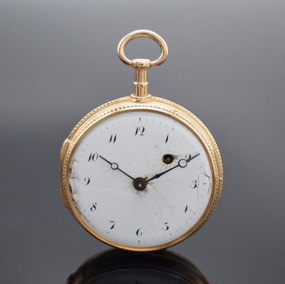 DROZ Rouen offene Spindeltaschenuhr in RG 750/000, Frankreich um 1800, 2-teil. Geh., Glasrd. am Scharnier, Emailzifferbl. m. arab. Zahlen besch., ...