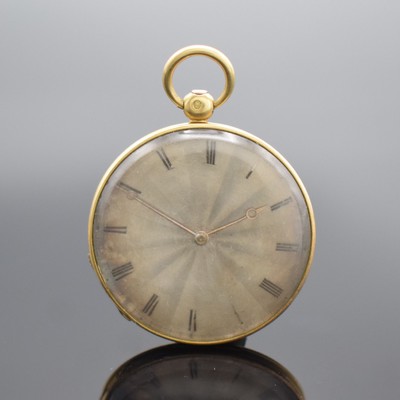 A. VERDIERE Paris offene Taschenuhr in GG 750/000, Frankreich um 1830, 2-Deckel Goldgeh. dell., silb. Zifferbl. m. röm. Zahlen, gold. Zeiger, verg. ...