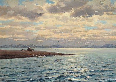 Heinrich Petersen-Flensburg, Aahus 1861 - 1907 Kaiserwerth, "Adventhai Spitzbergen", rückseitig betitelt und bezeichnet, Öl/Lwd, li. u. ...