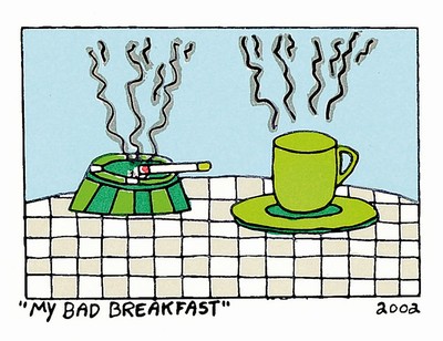 James Rizzi, 1950-2011, "My Bad Breakfast", Lithografie, dat. 2002, unter Glas, Motiv ca. 5,5x7,5 cm