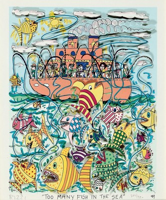 James Rizzi, 1950-2011, 3D-Konstruktion, "Too many fish in the See", num. 284/350, handsign., dat.89, unter Glas, Motiv ca. 25x20 cm, ...