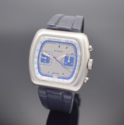 ALPINA Armbandchronograph, Schweiz um 1972, Handaufzug, Edelstahlgeh. inkl. orig. Lederband, Boden verschr., silber/blaues Zifferbl. m. aufgel. ...