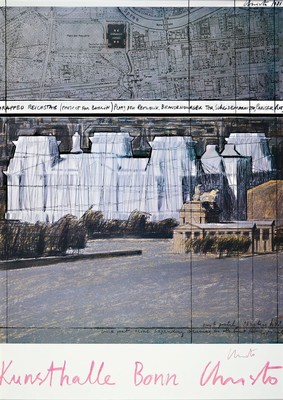 Christo, 1935-2020, Offset-Lithografie, handsign., Kunsthalle Bonn 1983, unter Plexiglas gerahmt, gesamt ca. 85,5x60 cm