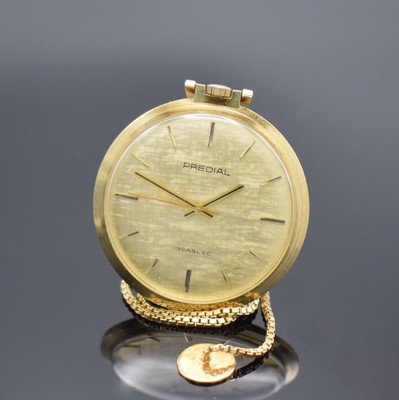 PREDIAL Frackuhr in GG 585/000 mit Kette in GG 585/000, Schweiz um 1975, Handaufzug, Boden aufgedr., gold. Zifferbl. m. gold. Std.-Ind. & Zeigern, ...
