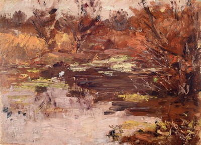 Wilhelm Nagel, 1866 Mannheim-1945 Baden-Baden, Herbstliche Landschaft mit Weiher, Öl/Malkarton, rechts unten signiert, ca. 19.5x26.5cm