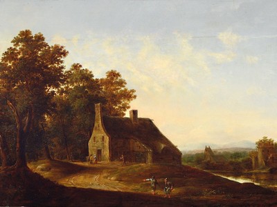 Zuschreibung: Frederick de Moucheron, 1633-1686, Personen vor einem Gehöft, Öl/Holz, feine lasierende Malerei, sorgfältig restaurierter Querriss ...