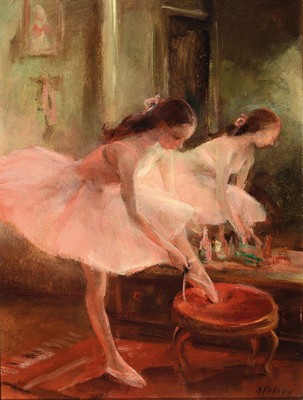 Miroslava Marie Vrbova-Stefkova, 1909 Böhmen-1991 Stuttgart, Balletttänzerin beim Binden des Schuhs vor einem Spiegel, Öl/ Hartfaser, rechts unten ...