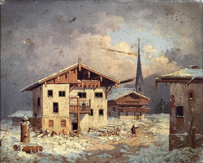 Peter Jakob Büttgen, erwähnt zwischen 1820 und 1846, hier: Verschneite Winterlandschaft in einem Bergdorf, Öl/Lwd, rechts unten signiert: Büttgen ...