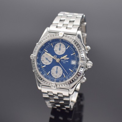 BREITLING Chronomat Herrenarmbanduhr mit Chronograph in Stahl, Schweiz um 1995, Automatik, Ref. A13050.1, Boden & Krone verschr., orig. Pilotband m. ...