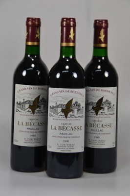 6 Flaschen Chateau La Becasse, verschiedene Jahrgänge, Pauillac, 2x 1988, 2x 1989, 2x1990, je 750ml, 12,5% Vol., mind. Top Shoulder, unverkostet