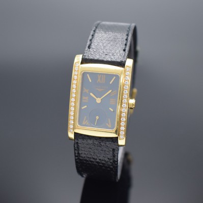 LONGINES Damenarmbanduhr DolceVita mit Diamanten in GG 750/000, Schweiz um 2010, quarz, Boden aufgedr., orig. Lederband m. verg. Dornschl., Geh. ...