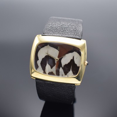 CORUM sehr seltene, große Armbanduhr mit Vogelfeder-Zifferblatt in GG 750/000 Referenz 57183, Handaufzug, Schweiz um 1975, orig. Lederband m. verg. ...