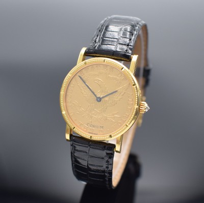 CORUM Herrenarmbanduhr in Form einer 10 US- Dollar Goldmünze von 1884, Handaufzug, Schweiz um 1976, massiv GG 750/000 inkl. Lederband m. orig. ...
