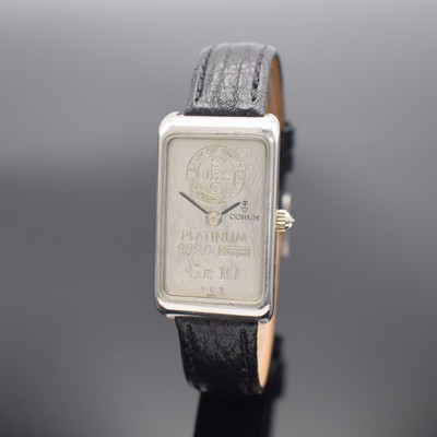 CORUM hochfeine & seltene Herrenarmbanduhr in Form eines 10g Platinbarrens Nr. 142, Handaufzug, Schweiz um 1979, Platingeh. inkl. Lederband m. orig. ...