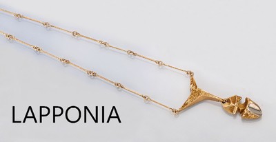 14 kt Gold LAPPONIA-Collier, GG 585/000, Finland 1990, typisches abstraktes Design, Kette aus länglichen Gliedern, L. ca. 44 cm, ca. 8.4 g, sign.