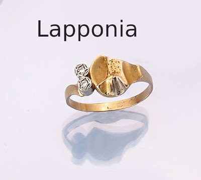 18 kt Gold LAPPONIA Diamant-Ring, GG/WG 750/000, Finnland Jahreszahl verschlagen, typ.abstraktes Design, 2 in WG gefasste 8/8- Diamanten zus. ca. ...