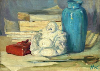 Henry Ives Cobb, 1883 - 1974, Stillleben mit Buddha und Vase, Öl/Lwd, signiert, krakeliert, ca. 26 x 35 cm, Rahmen, l. best.