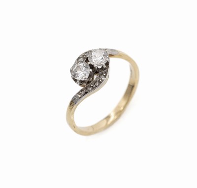 14 kt Gold Jugendstil Diamant-Ring, GG 585/000, um 1900-05, Ringkopf mit Silber belegt, 2 Altschliffdiamanten zus. ca. 0.60 ctWeiß-l.get.Weiß/si, ...