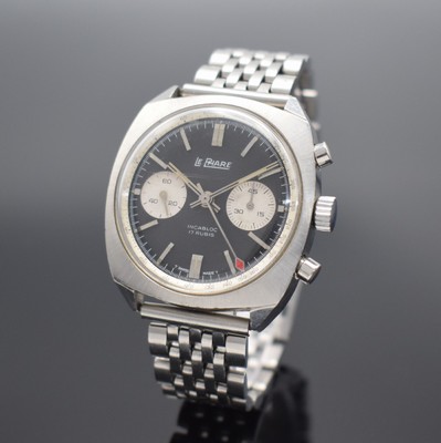 LE PHARE Armbandchronograph Referenz 624105, Handaufzug, Schweiz um 1965, Edelstahlgeh. inkl. neutr. Gliederband, Boden verschr., schwarzes ...