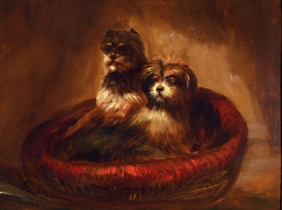Traditionalist, 2. Hälfte 20. Jh., Hundepaar im Korb, Öl/Holz, ca. 40 x 52 cm, Prunkrahmen, Gesamtmaß ca. 76x68cm