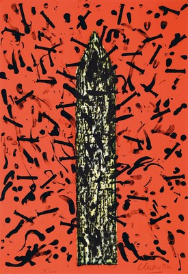 Günther Uecker, geb. 1930, Farblitho auf Bütten, handsigniert, num. 38/300, aus 1992, dargestellt ist der Kirchturm der Hamburger Michaelis Kirche. ...