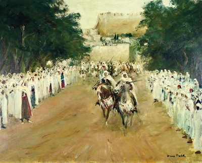 Otto Dill, 1884 Neustadt a.d. Weinstraße - 1957 Bad Dürkheim, arabische Reiterparade in Frontalansicht, Öl/Platte, vor kurzem gereinigt und ...