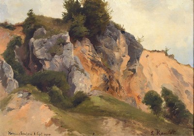 Edmund Friedrich Kanoldt 1845 - 1904, Felsen bei Hohenstaufen, Öl/Lwd/Platte, re. unten signiert und li. unten bezeichnet: "Hohenstaufen 1. ...