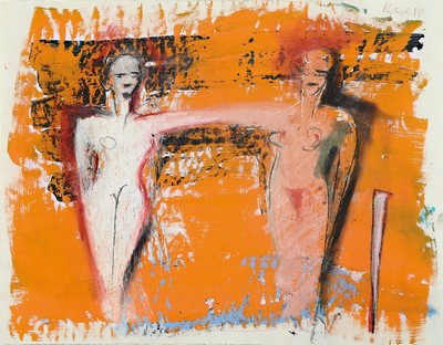 Elvira Bach, geb. 1951, zwei Frauenakte, Öl und Gouache auf Bütten, handsigniert, ca. 48 x 61 cm, aus 1988, unter Glas, Rahmen ca. 48 x 61 cm