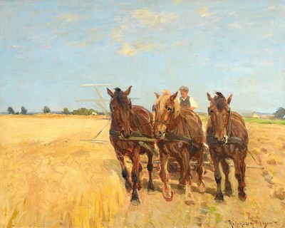 Reinhold Nielsen, 1891 Dänemark - 1984, Bauer mit dreispännigem Pferdefuhrwerk bei der Ernte, Öl/Lwd, re. unten signiert, ca. 55 x 69 cm, Rahmen