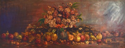 Waldemar Thorn, 1876 Stuttgart -1940, Stillleben und Landschaftsmaler, hier großes Blumen- und Früchtestillleben, Öl/ Lwd, re. u. signiert und ...
