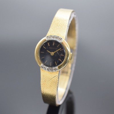 ZENITH Damengoldbanduhr in GG 585/000 mit Diamanten, Schweiz um 1980, quarz, Geh. an orig. GG 585/000 Armband, Boden aufgedr., schwarzes Zifferbl. m. ...