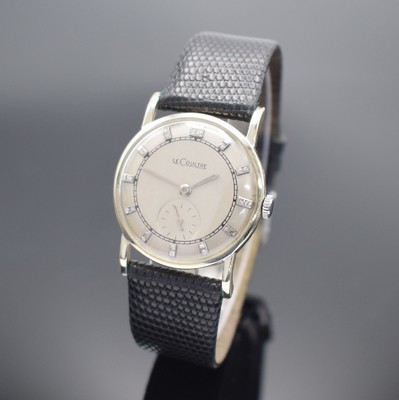 LeCoultre Armbanduhr in WG 750/000, Schweiz für den US-Markt um 1950, Handaufzug, 2-teil. Geh., Boden aufgedr., silb. rest. Zifferbl., aufges. ...